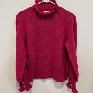 Kate Spade Pearl Button Cuff Ruffle Sweater - Jewel Bright Pink - Size Medium